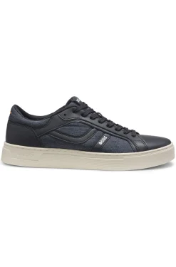 Faux-leather trainers with denim-look trims