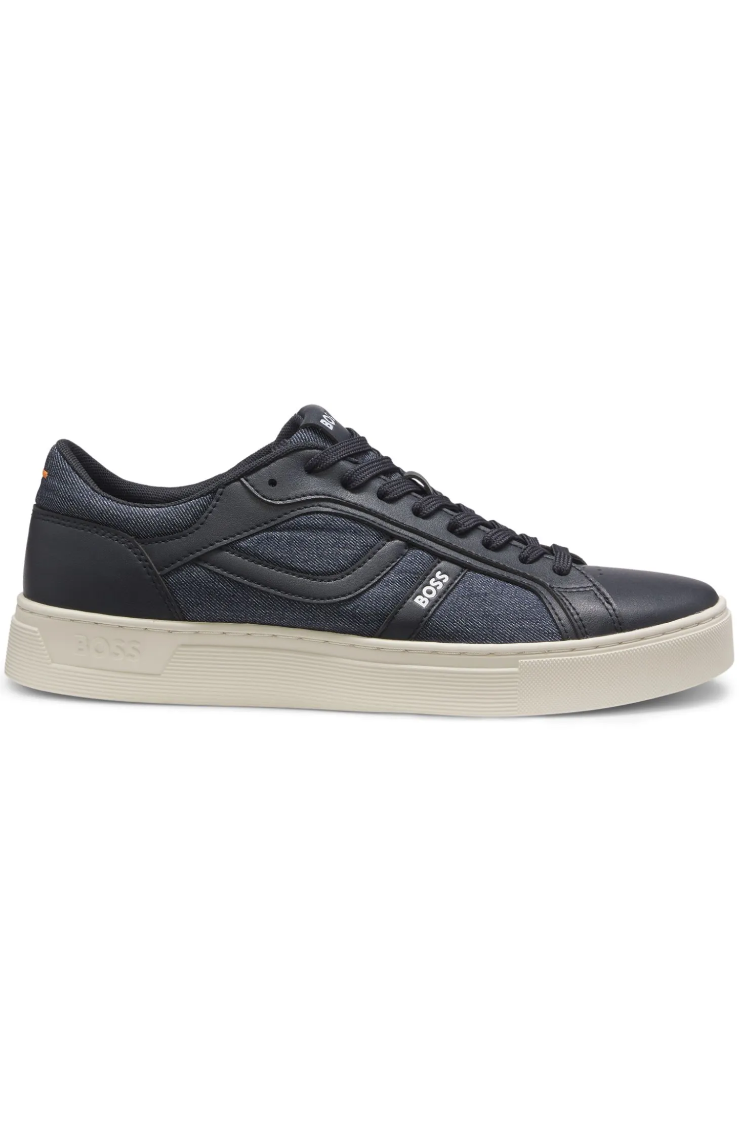 Faux-leather trainers with denim-look trims