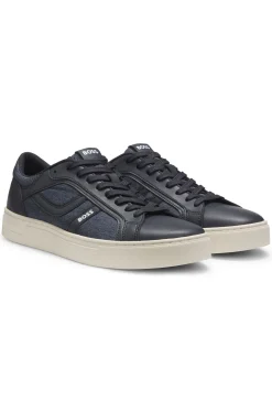 Faux-leather trainers with denim-look trims