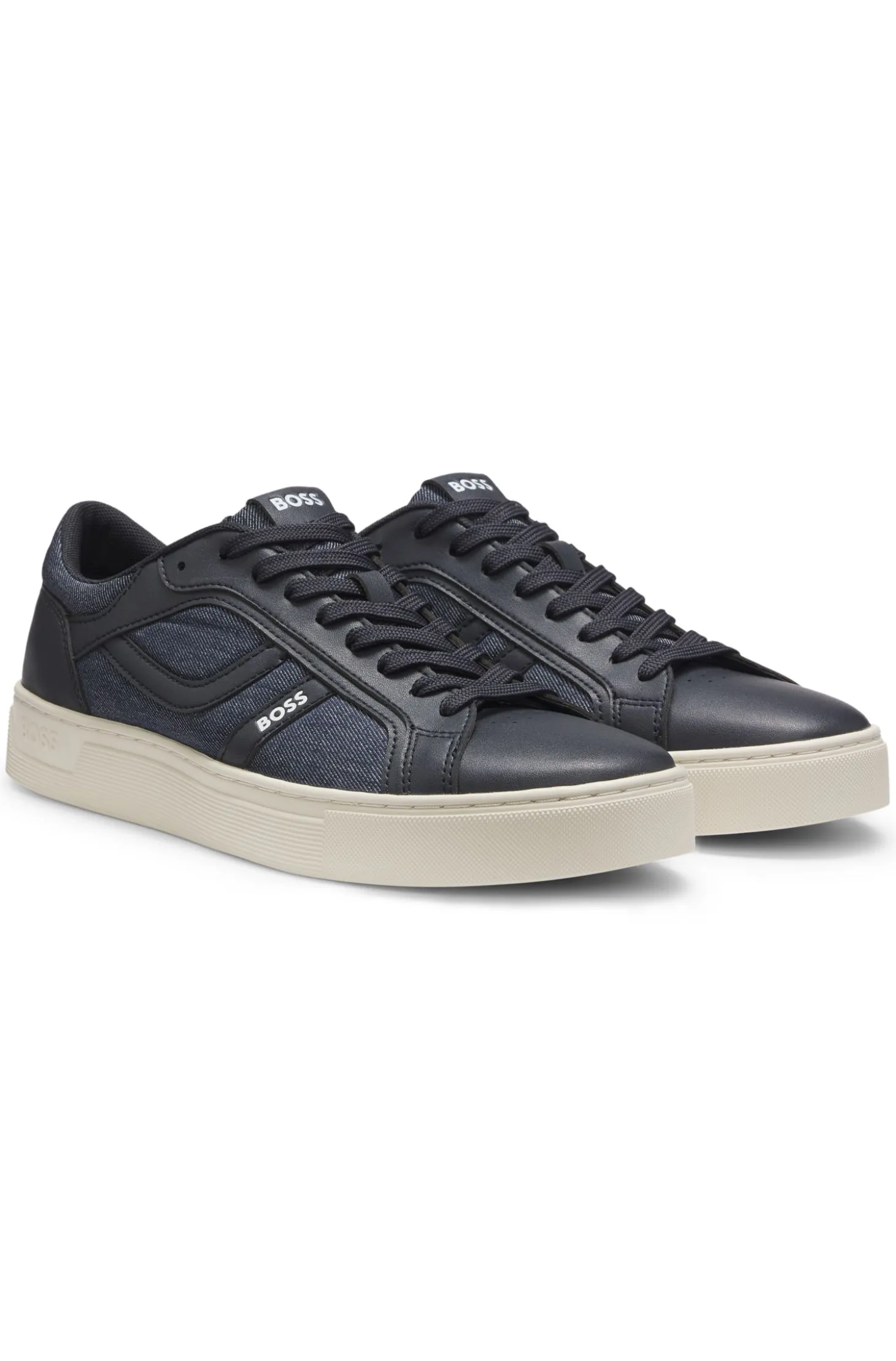 Faux-leather trainers with denim-look trims