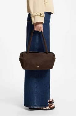 Faux-suede handbag with metallic stacked logo
