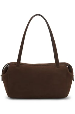 Faux-suede handbag with metallic stacked logo