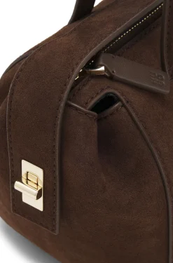 Faux-suede handbag with metallic stacked logo