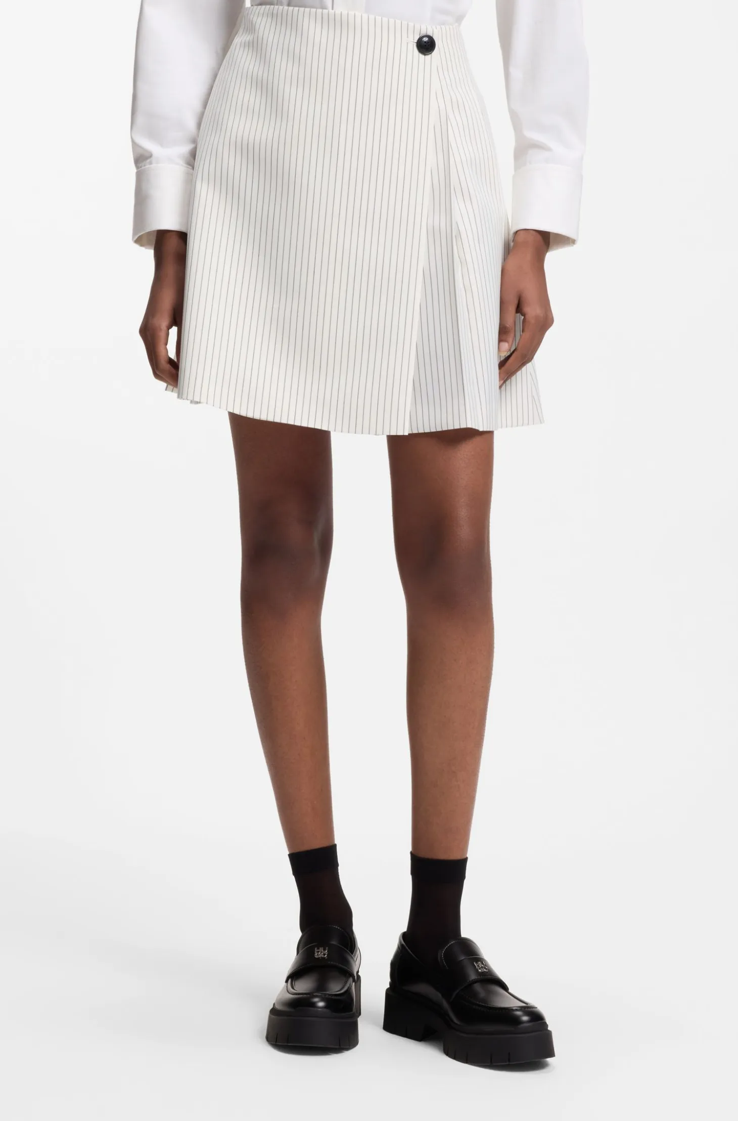 Faux-wrap mini skirt with pinstripe