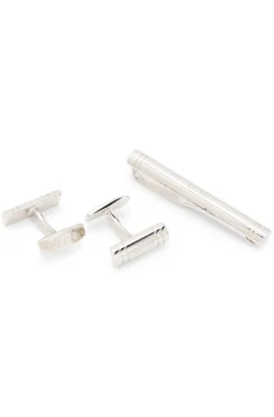 Gift-boxed brass cufflinks and tie bar set