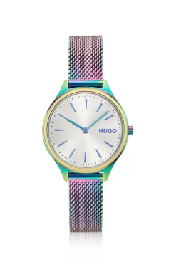 #Glossy iridescent-plated steel watch with crystal markers