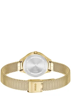 #Glossy light-gold-tone steel watch with crystal markers