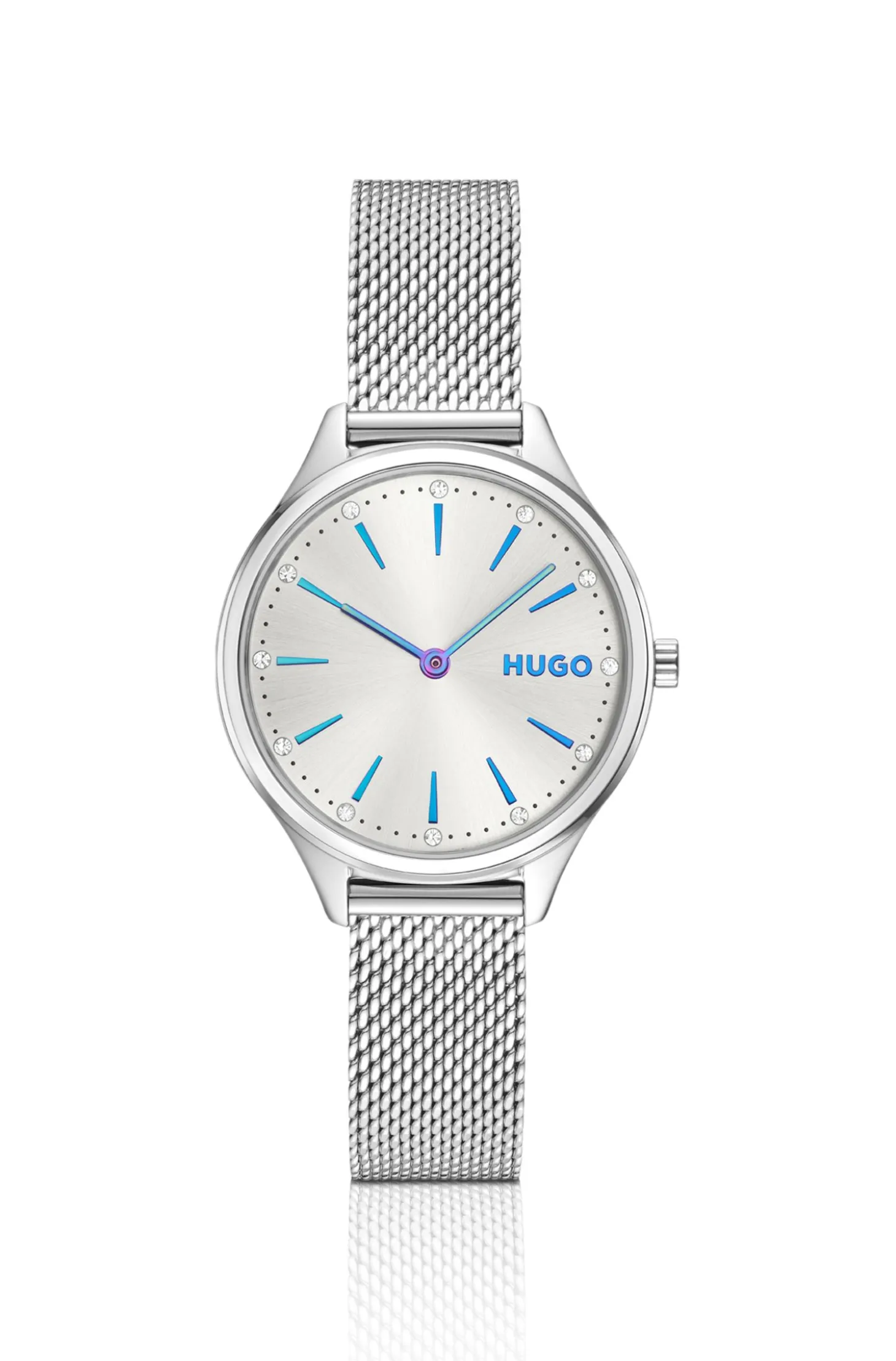 #Glossy stainless-steel watch with crystal markers