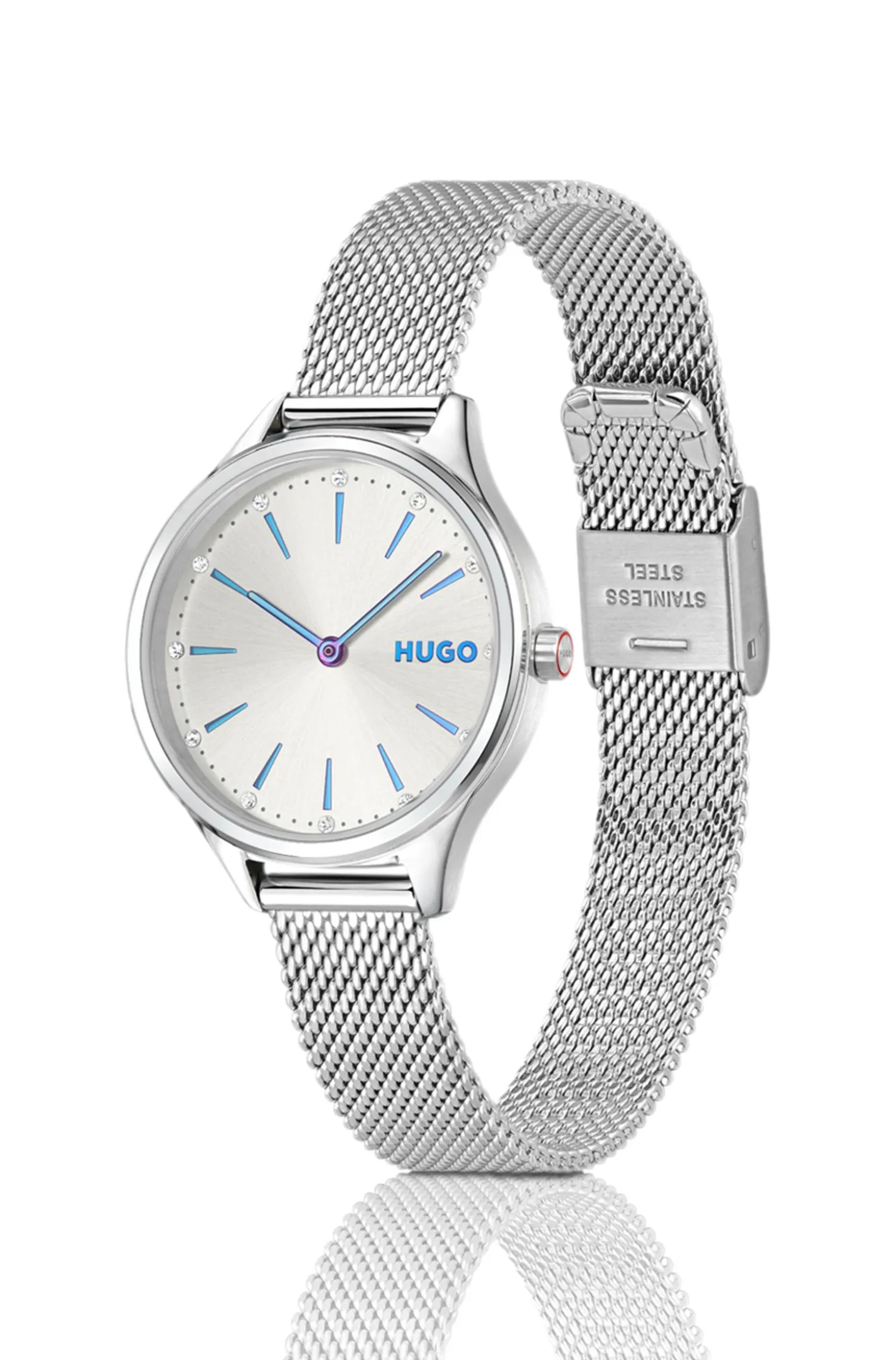 #Glossy stainless-steel watch with crystal markers