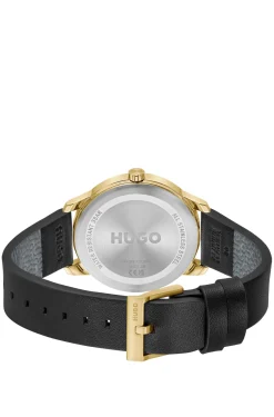 Gold-tone watch with black leather strap