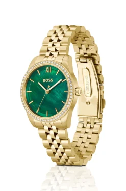 Graceful green-dial watch with crystal-set bezel