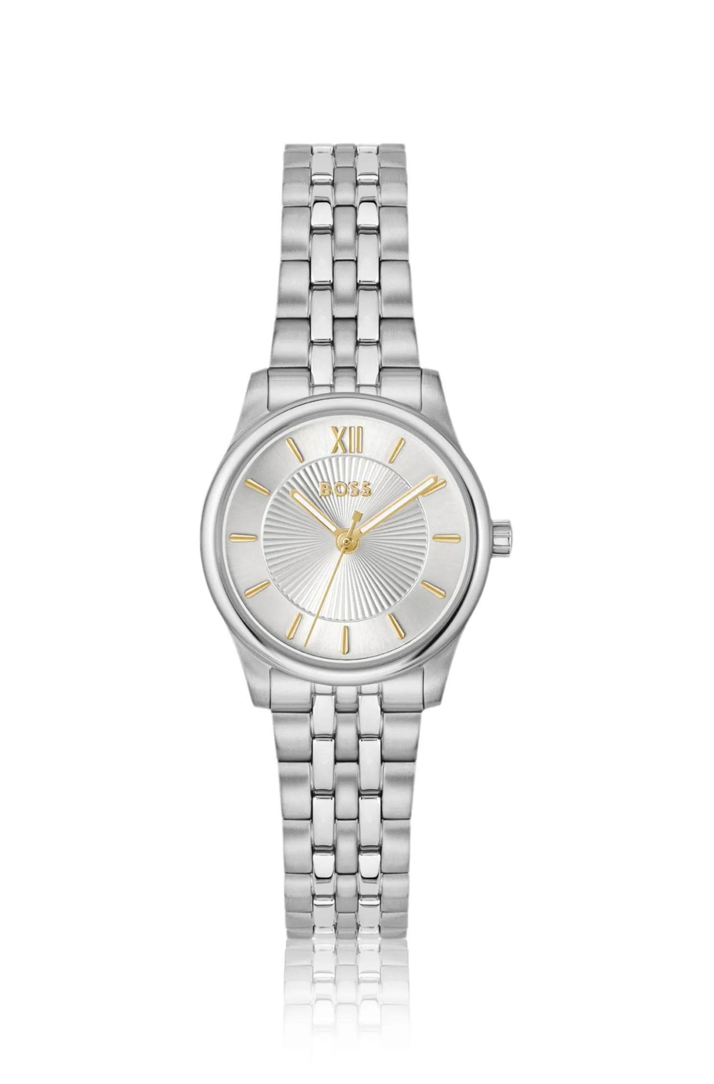 Graceful silver-tone watch with sunburst-patterned dial