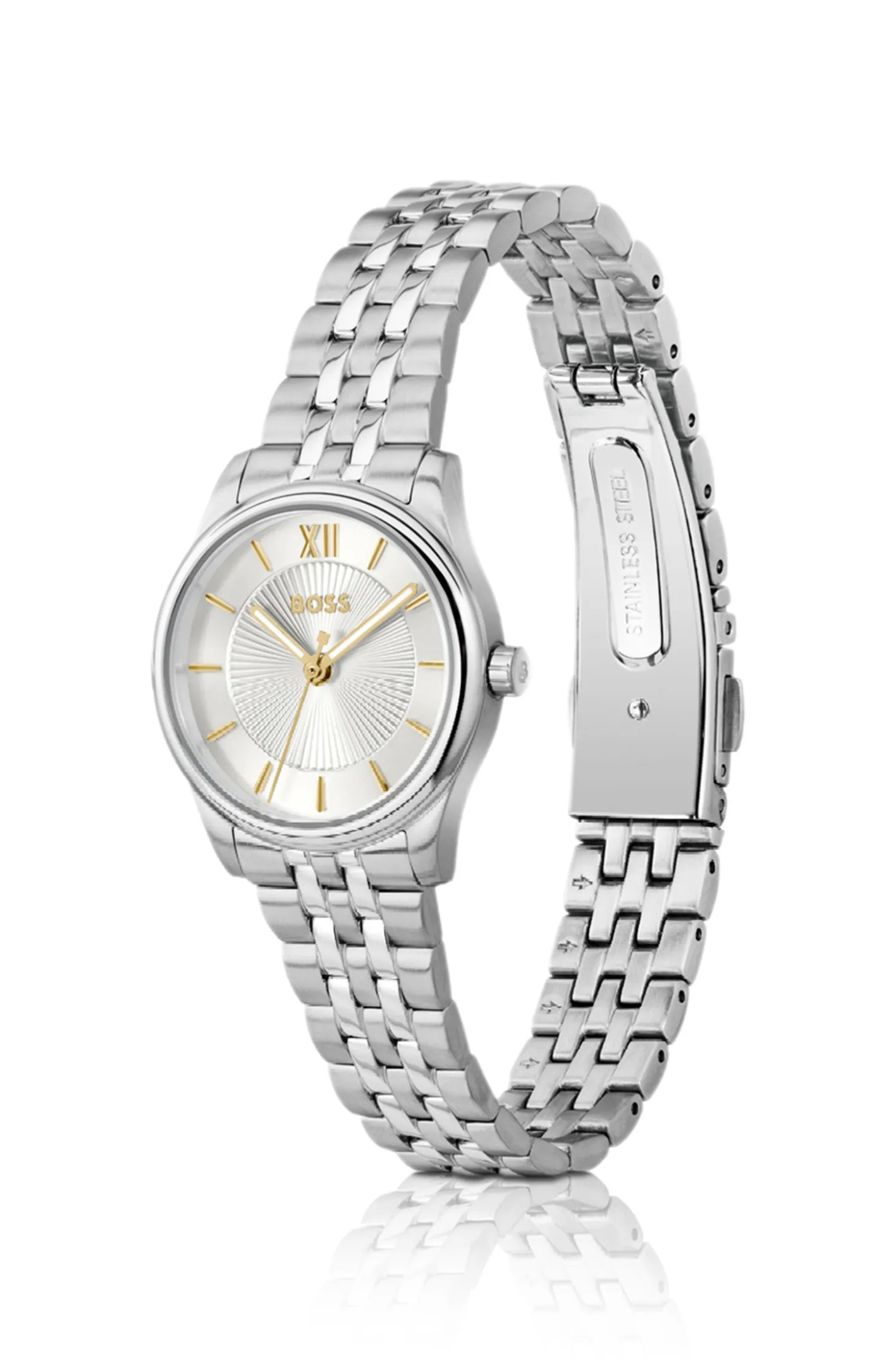 Graceful silver-tone watch with sunburst-patterned dial