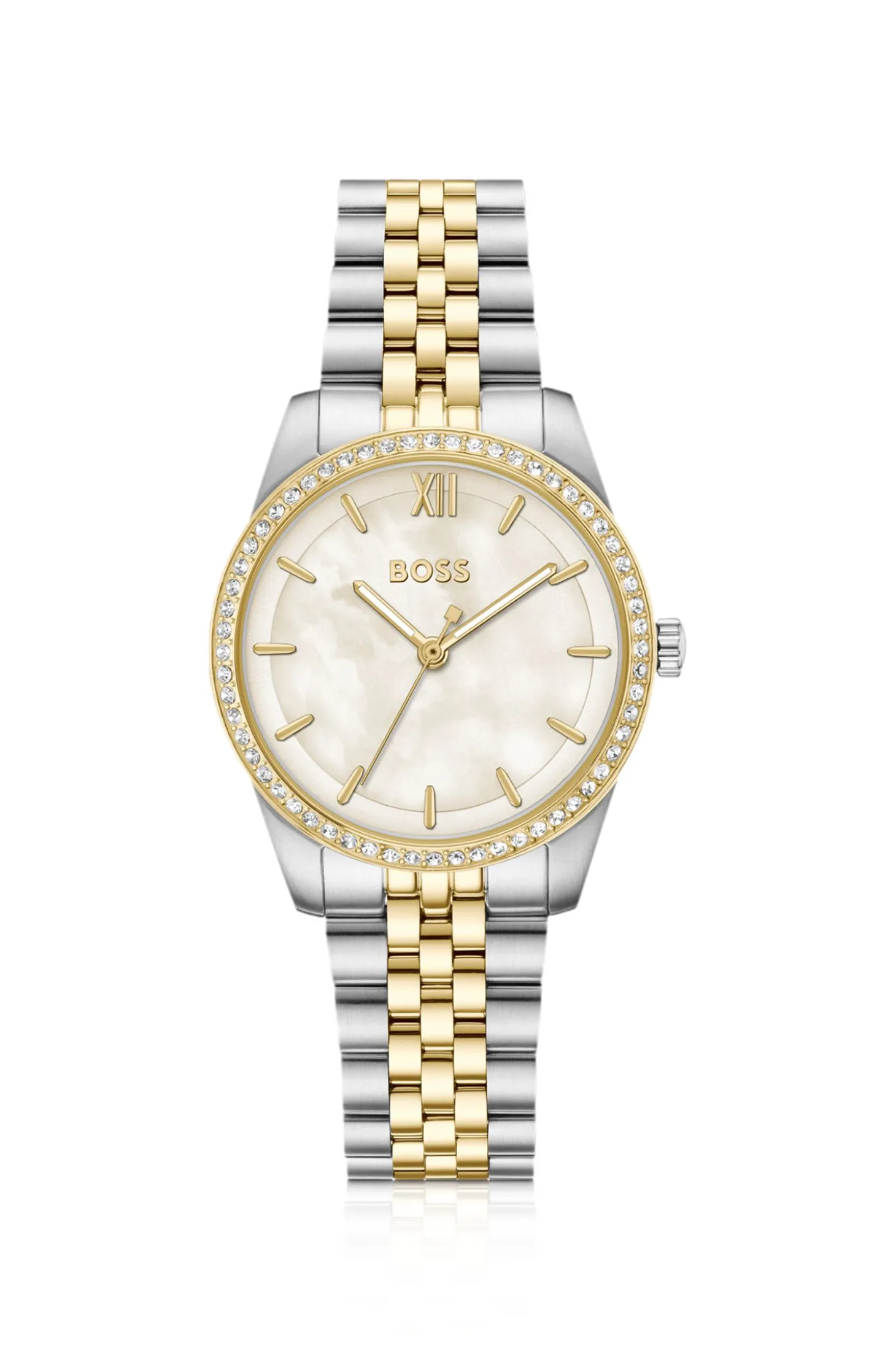Graceful two-tone watch with crystal-set bezel