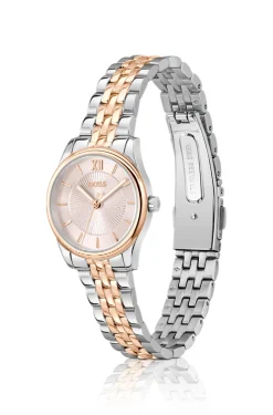 Graceful two-tone watch with pink sunburst-patterned dial
