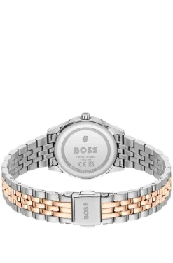 Graceful two-tone watch with pink sunburst-patterned dial
