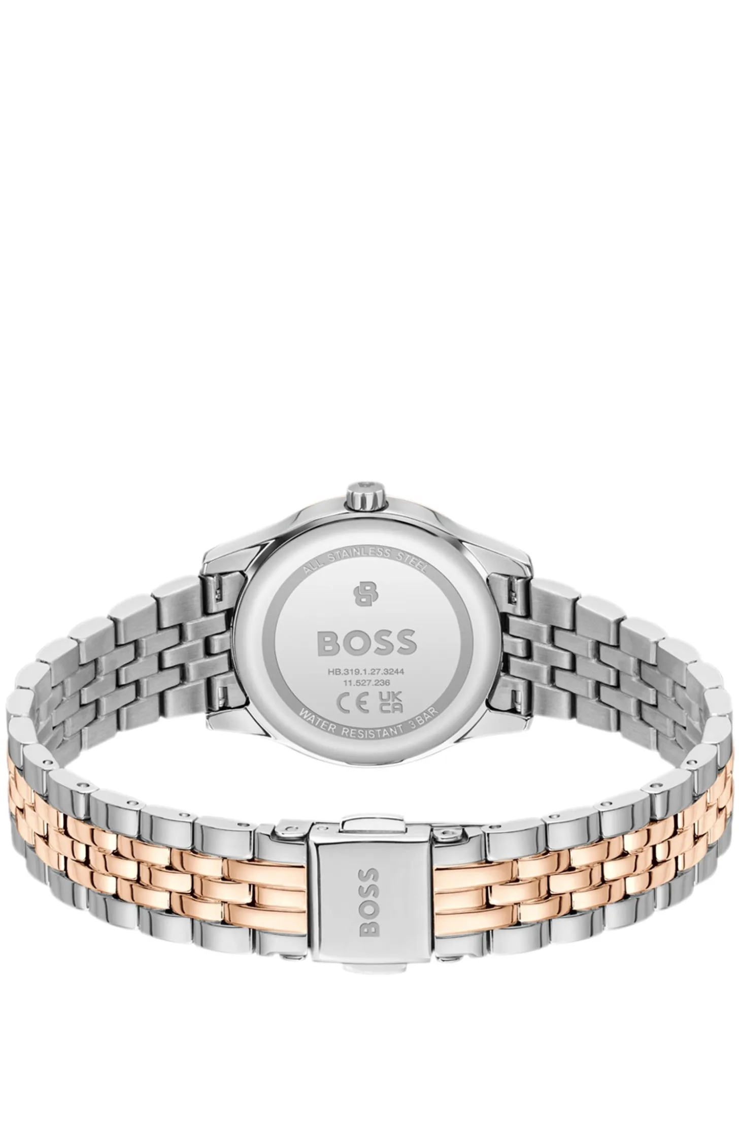 Graceful two-tone watch with pink sunburst-patterned dial