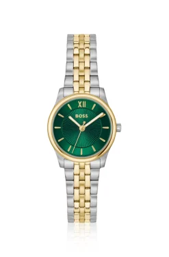Graceful two-tone watch with sunburst-patterned dial