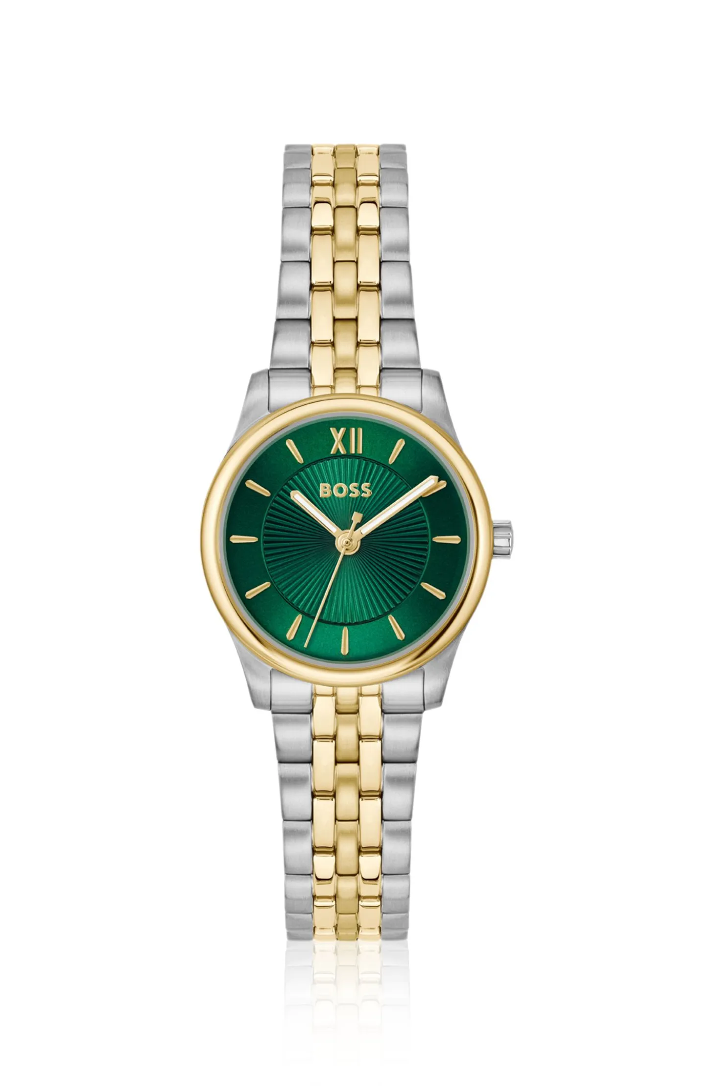Graceful two-tone watch with sunburst-patterned dial