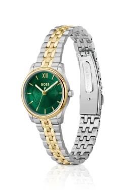 Graceful two-tone watch with sunburst-patterned dial