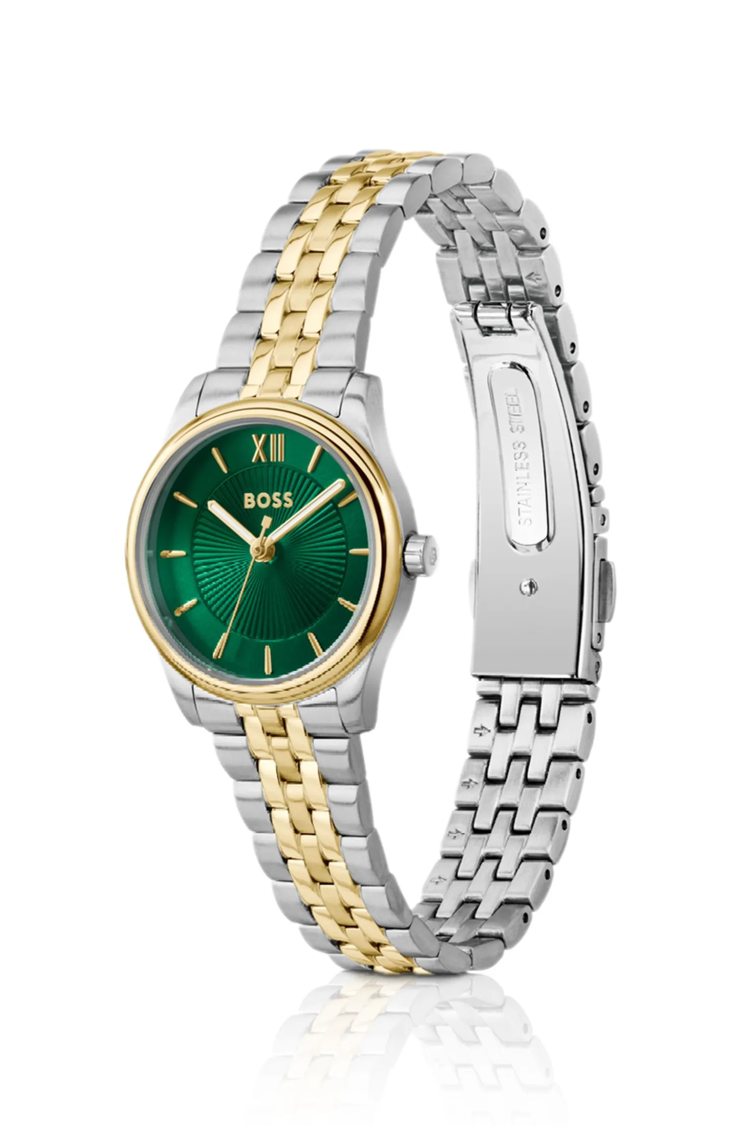 Graceful two-tone watch with sunburst-patterned dial