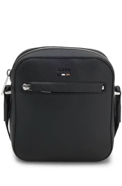 Grained faux-leather reporter bag with signature-stripe trim