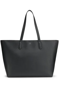 Grained faux-leather tote bag with stacked-logo trim