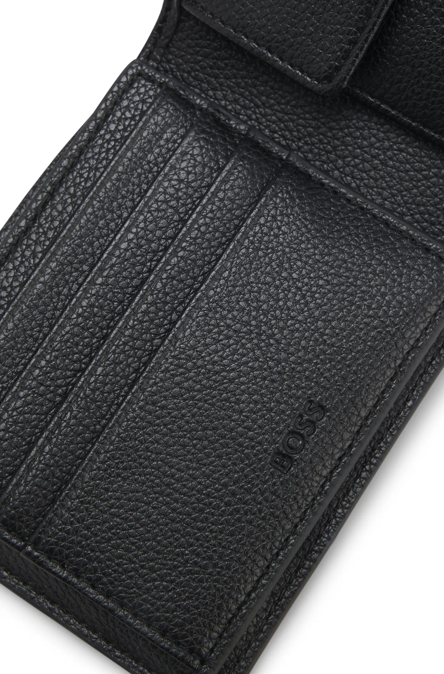Grained faux-leather trifold wallet with signature-stripe trim