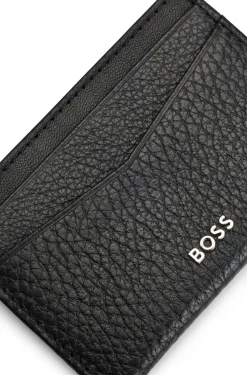 Grained-leather card holder with metal logo