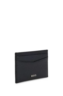 Grained-leather card holder with metal logo