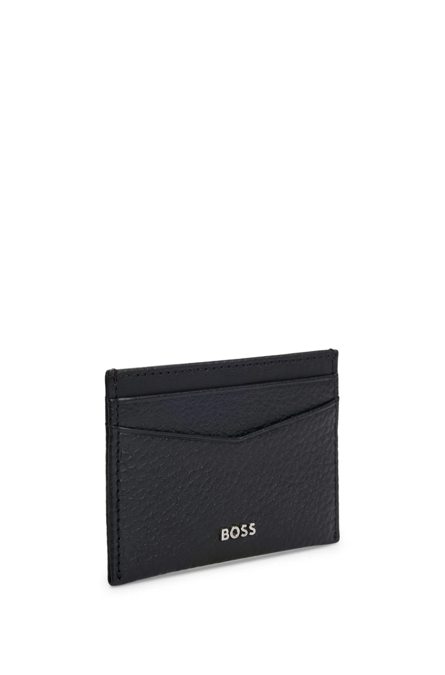 Grained-leather card holder with metal logo