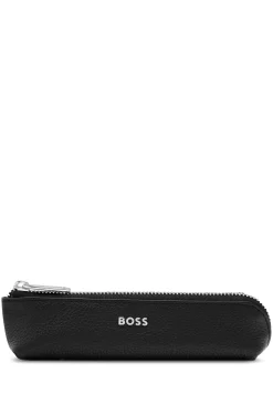 Grained-leather pen case in black with logo lettering