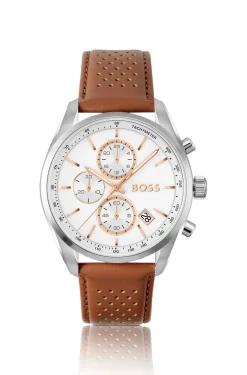 Grand Prix 44 chronograph watch with perforated leather strap