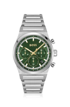 Green-dial chronograph watch in silver-tone steel