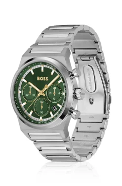 Green-dial chronograph watch in silver-tone steel