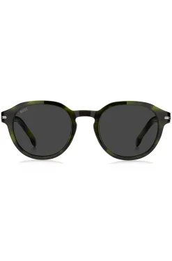 Green-horn sunglasses with silver-tone hinges