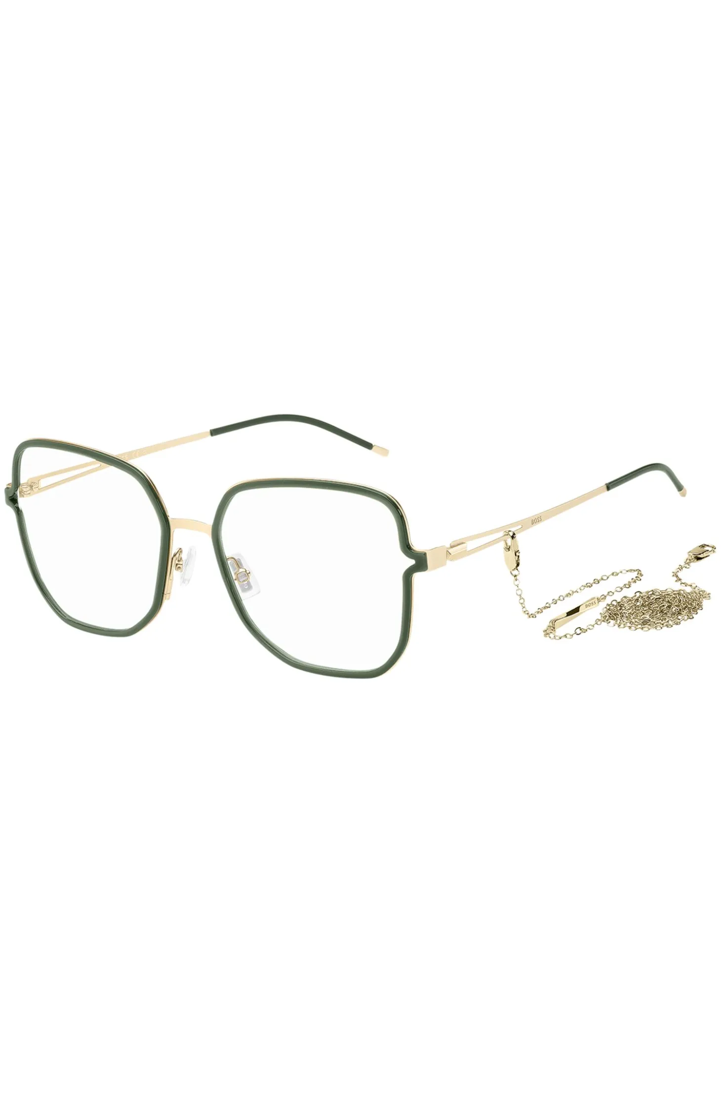 Green optical frames with forked temples and branded chain