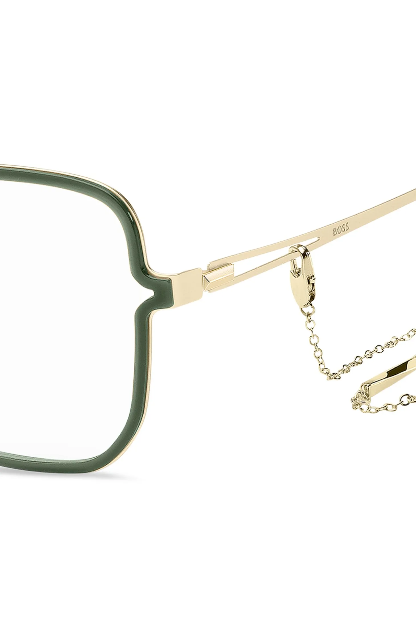 Green optical frames with forked temples and branded chain