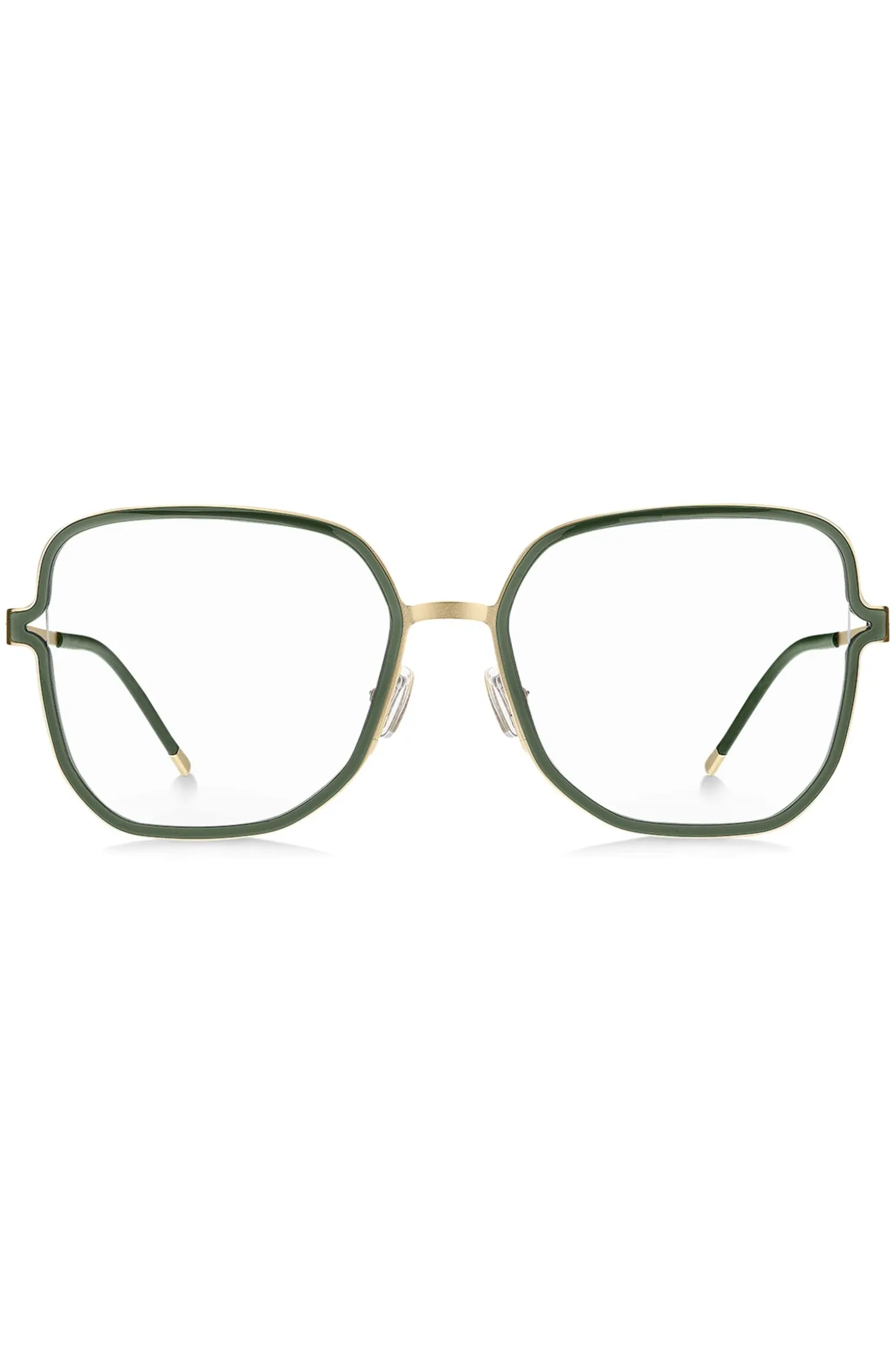 Green optical frames with forked temples and branded chain