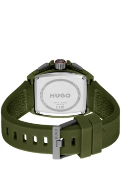 Green skeleton-dial watch with silicone strap