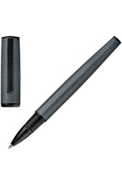 Grey aluminium rollerball pen with mesh-effect engraving