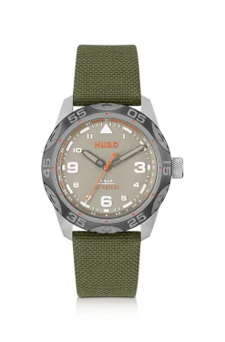 Grey-dial watch with green fabric strap