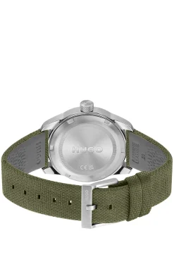 Grey-dial watch with green fabric strap