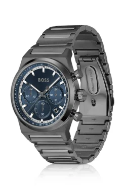Grey-plated chronograph watch with blue dial