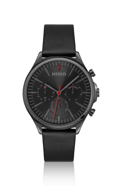 Grey-plated watch with black leather strap
