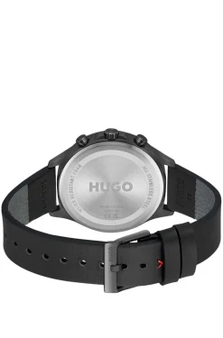 Grey-plated watch with black leather strap