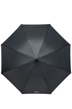 Grid-pattern umbrella with logo-embossed handle