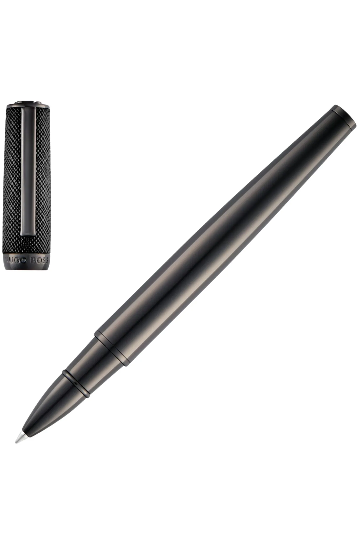 Gunmetal-plated rollerball pen with textured-leather cap
