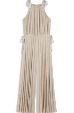 Halterneck jumpsuit in lustrous jersey with plissé pleats