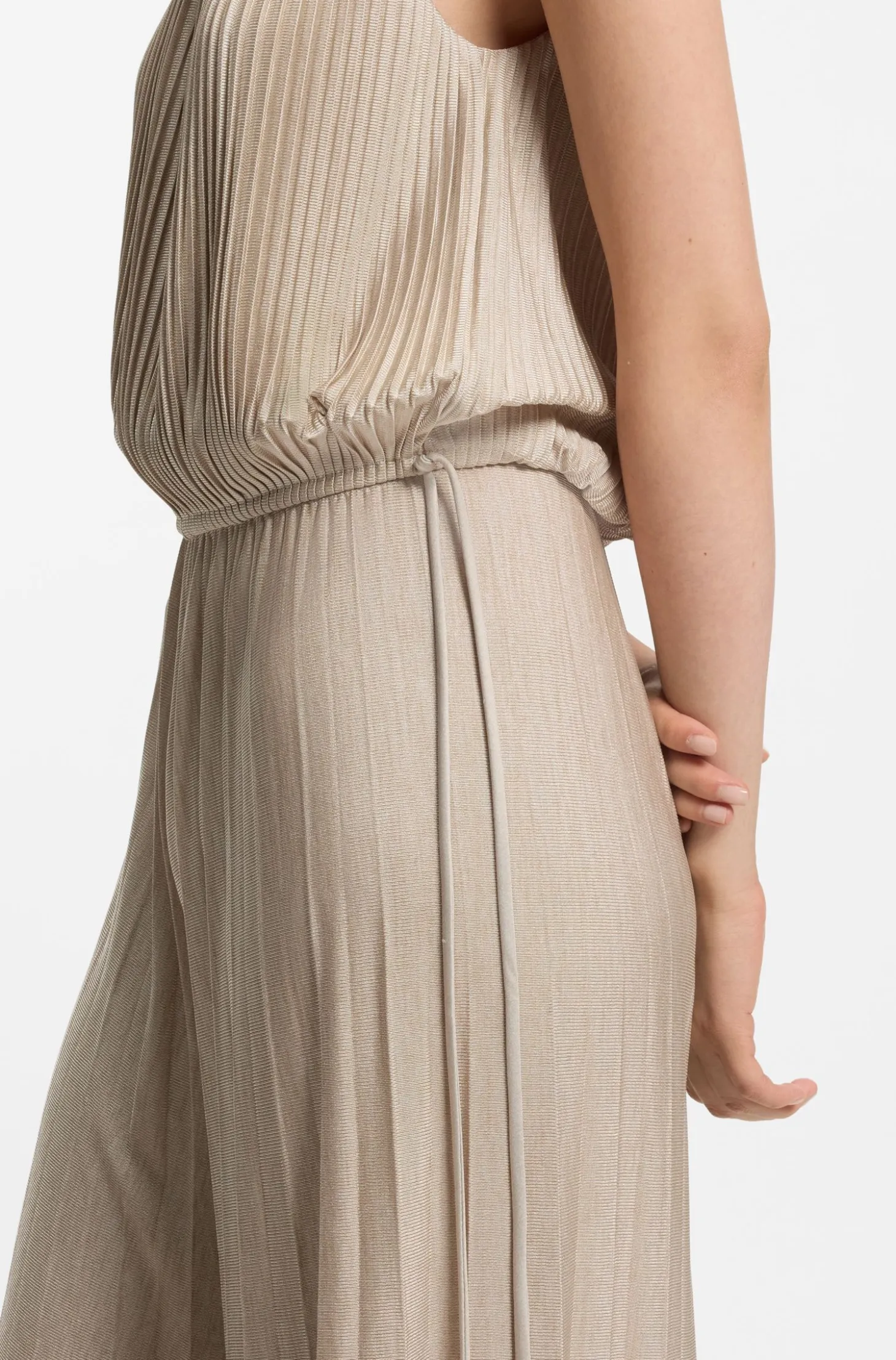 Halterneck jumpsuit in lustrous jersey with plissé pleats
